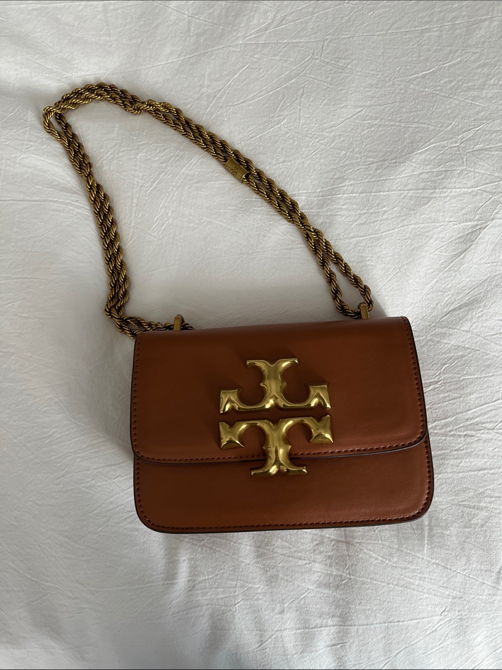 Tory Burch Chestnut Leather Shoulder Bag with Gold Logo